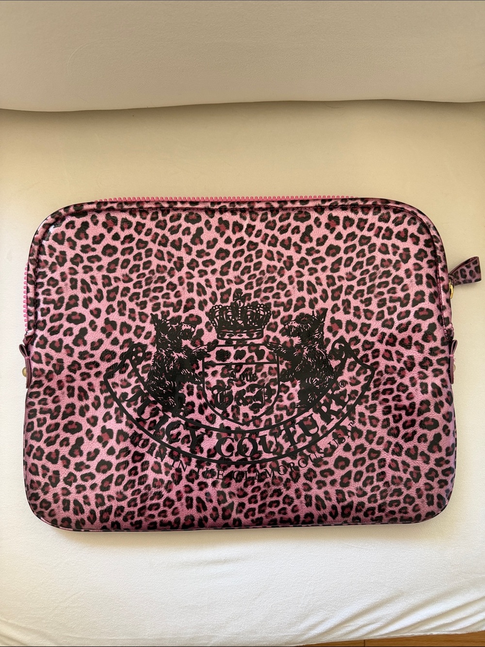 Vintage juicy couture Pink Leopard Print laptop sleeve with Crest faux patent